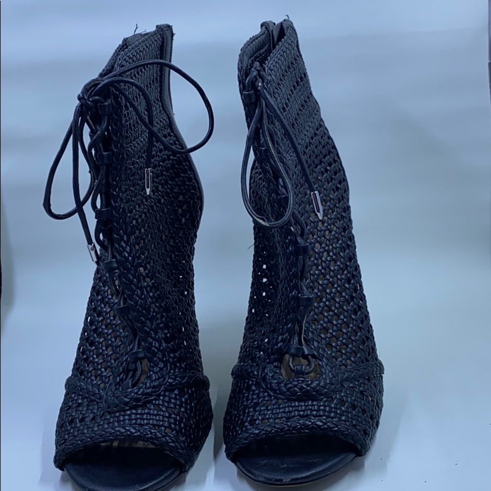 Black Woven Mesh Peep Toe Lace Up Heels